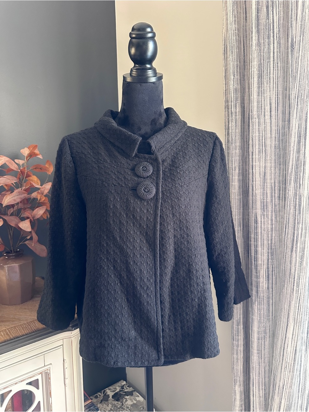 Nicole Miller Black Textured Peacoat with Decorative Buttons
